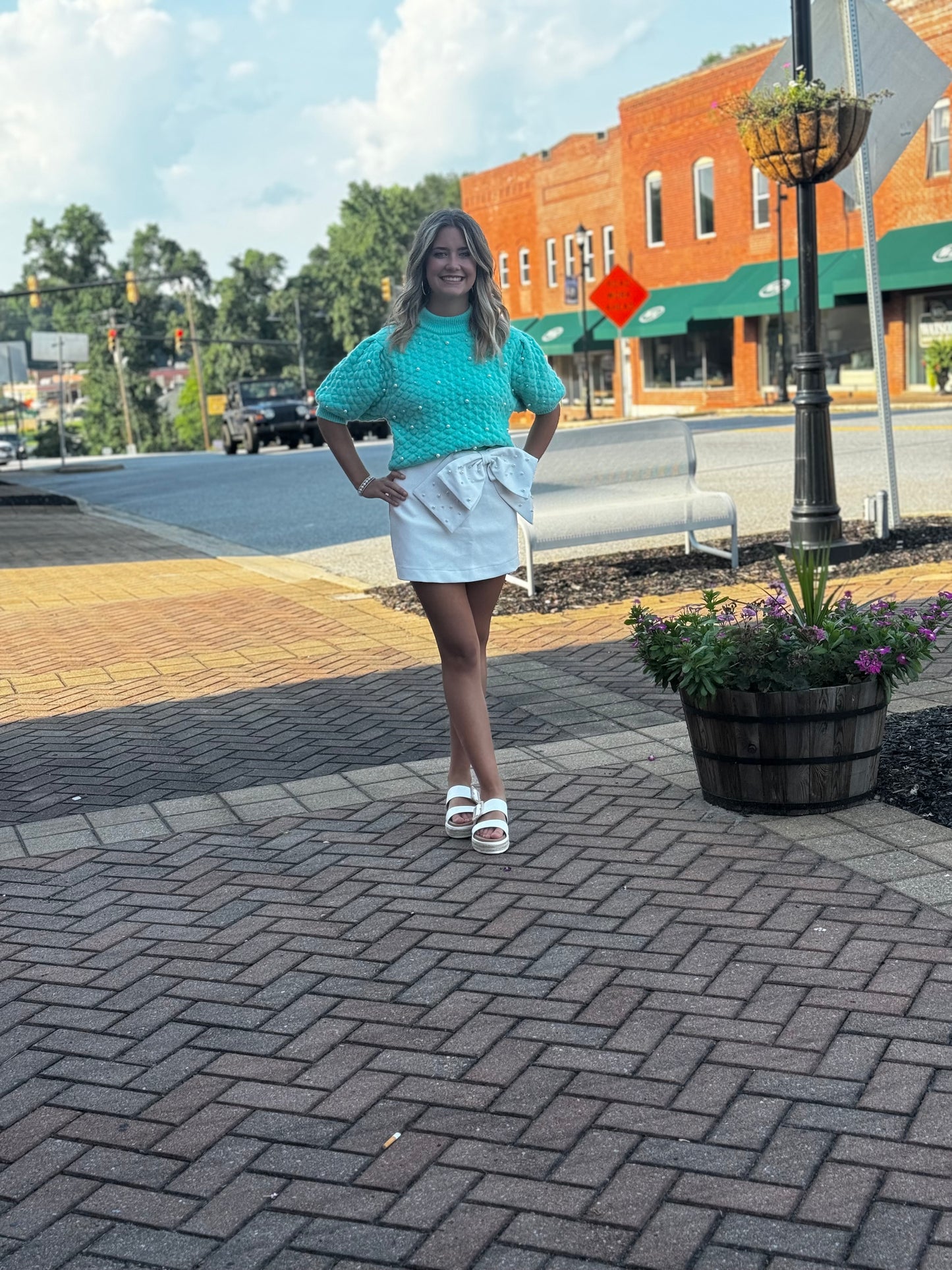 Let’s Go Out Mint Short Sleeve Sweater with Pearl Detail