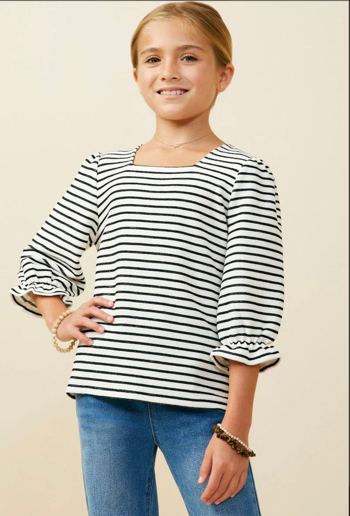 Hayden Girls White with Black Stripes Top