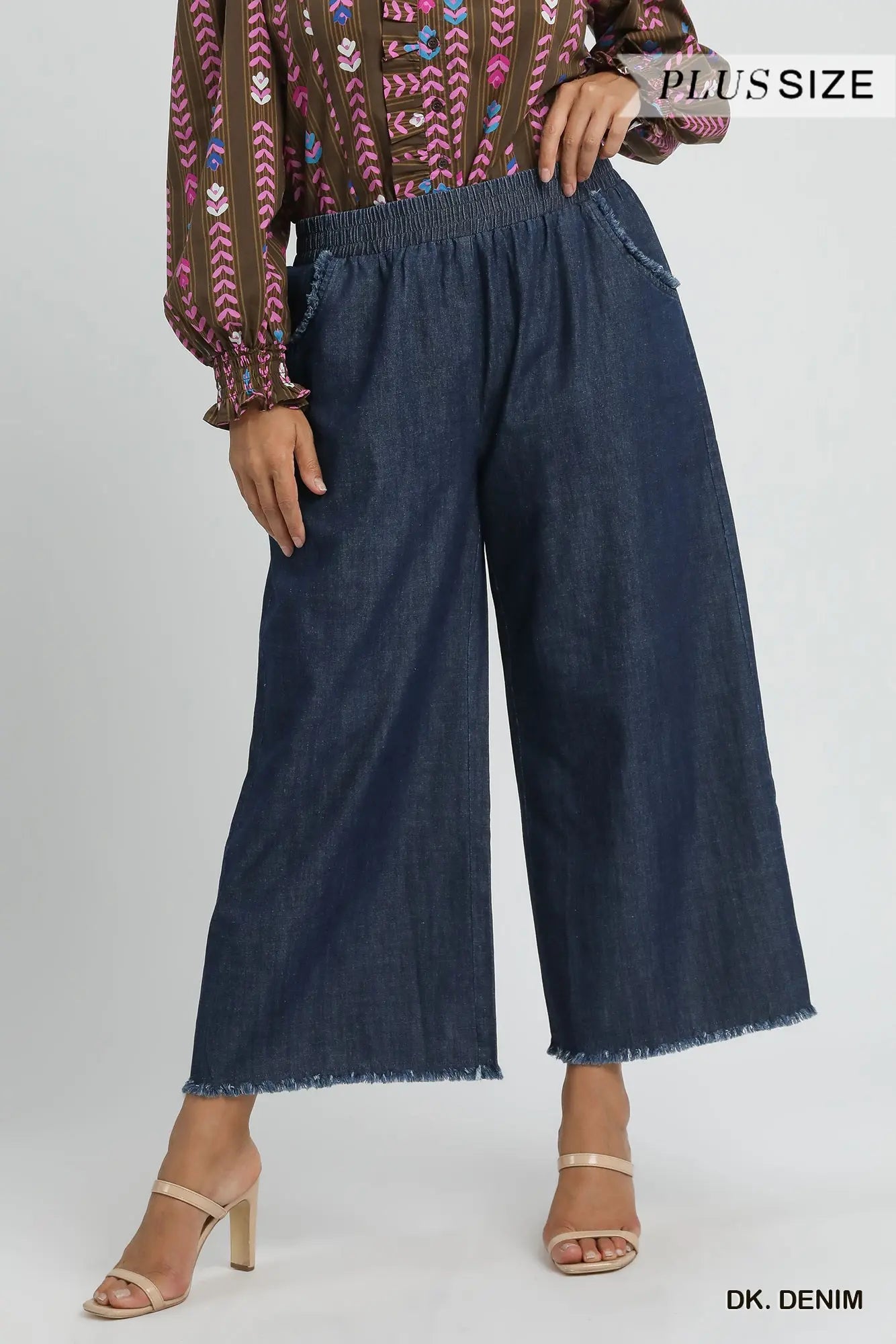 Umgee Washed Denim Pants with Fringed Hem (Misses and Plus Sizes Available)