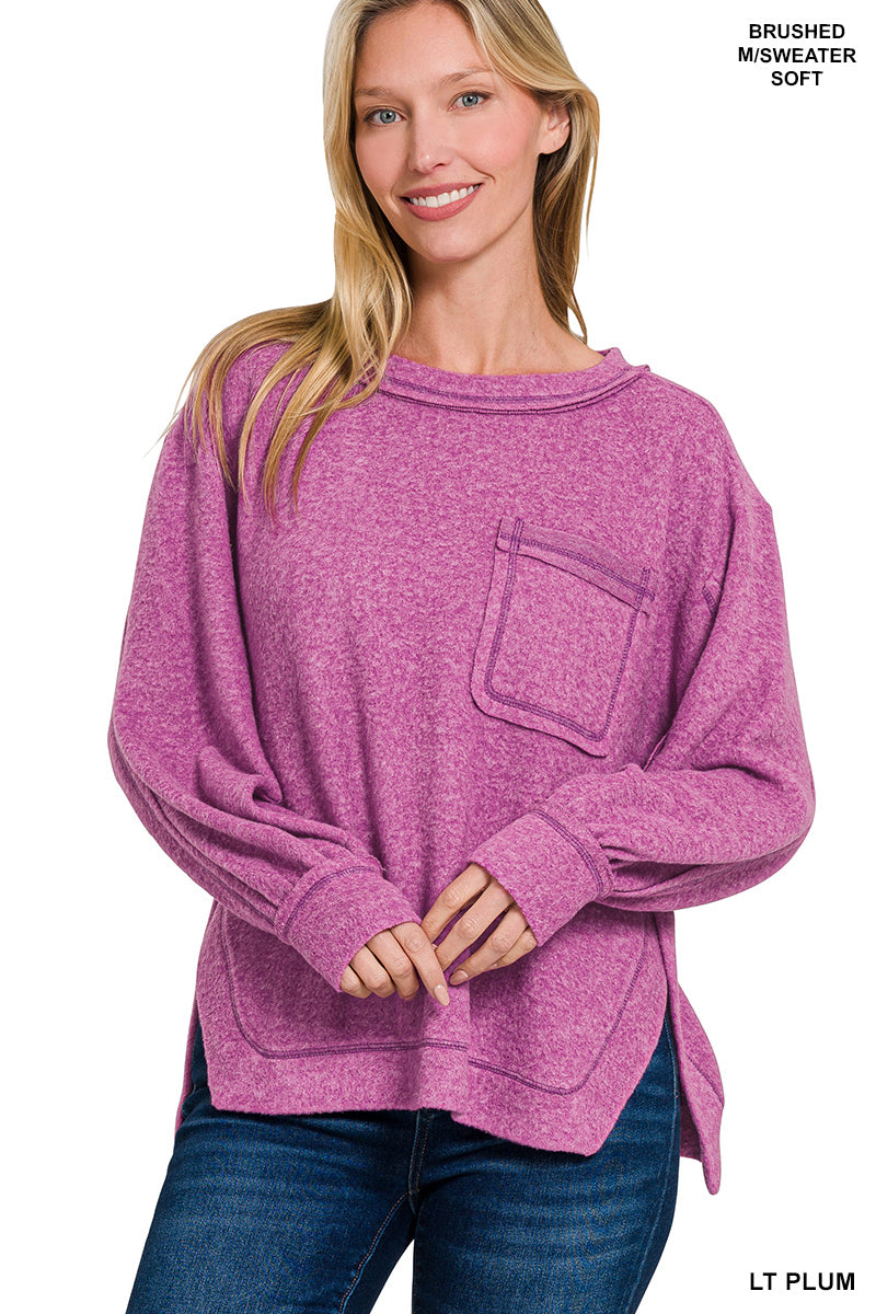 Zenana Hi-Low Brushed Hacci Round Neck Sweater