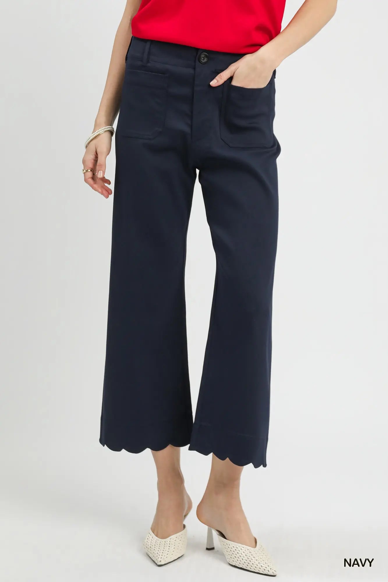 Umgee Scallop Hem Wide Leg Navy Pants