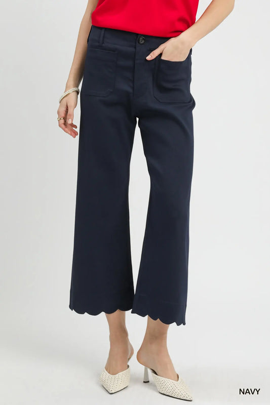 Umgee Scallop Hem Wide Leg Navy Pants