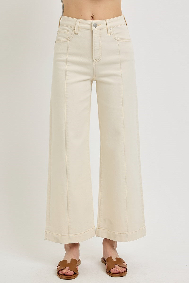Risen Tummy Control High Rise Crop Wide Leg Ivory Jeans