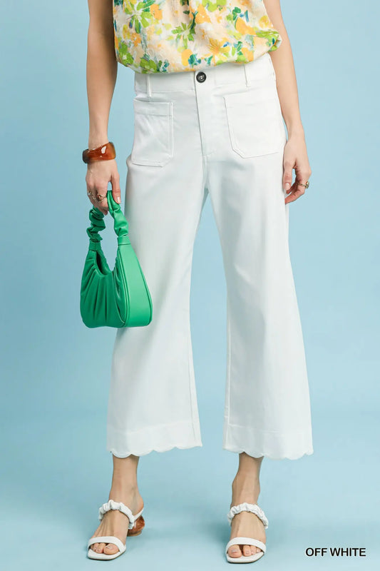 Umgee Scallop Hem Wide Leg Off White Pants