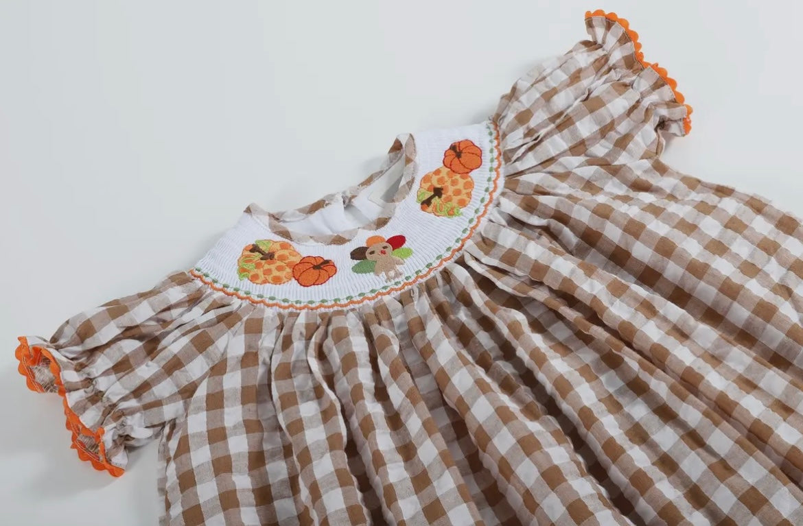 Brown Gingham Check Smocked Dress