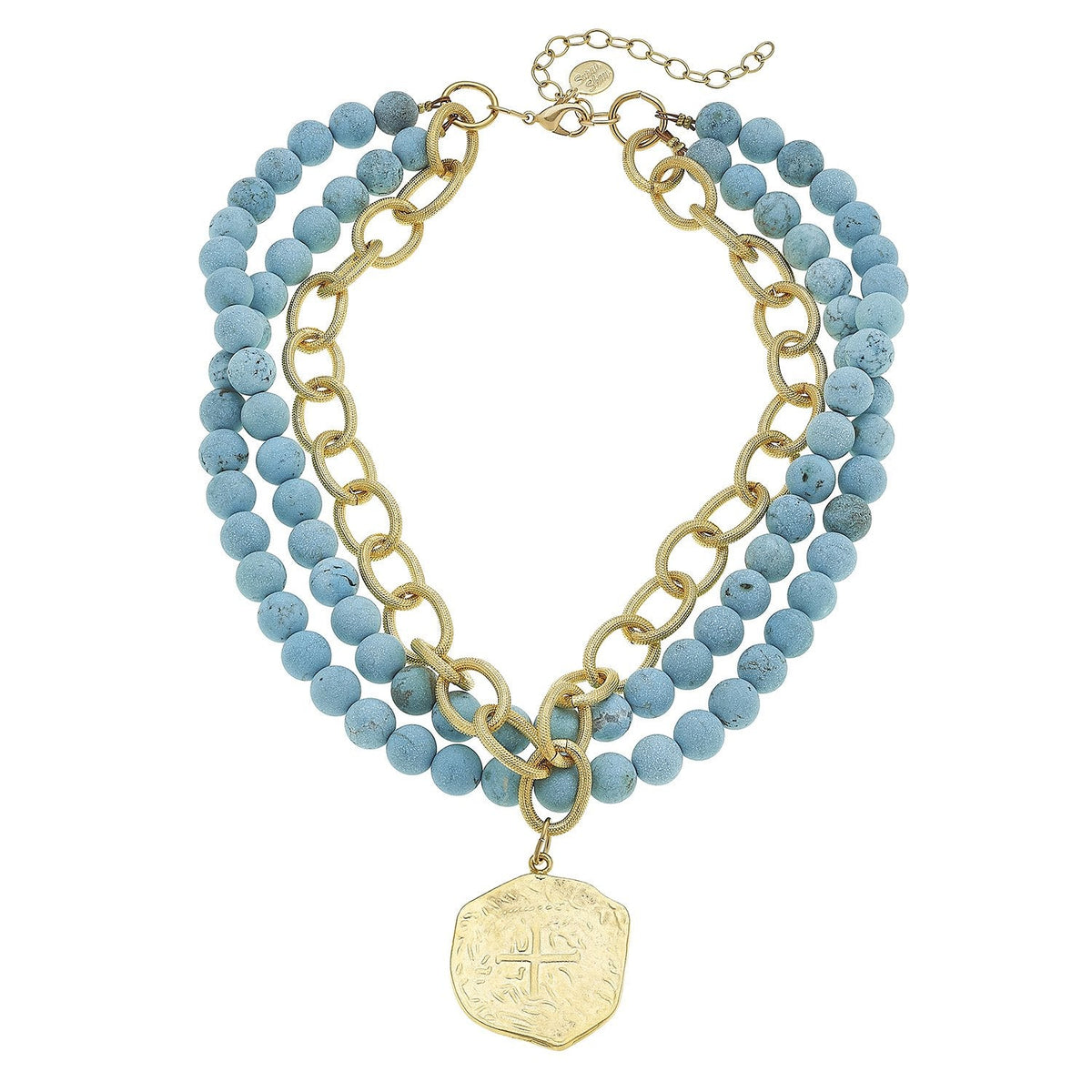Susan Shaw Multi Strand Turquoise and Gold Coin Necklace