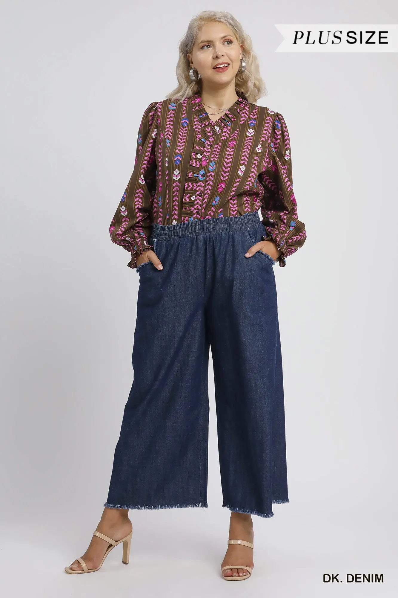 Umgee Washed Denim Pants with Fringed Hem (Misses and Plus Sizes Available)