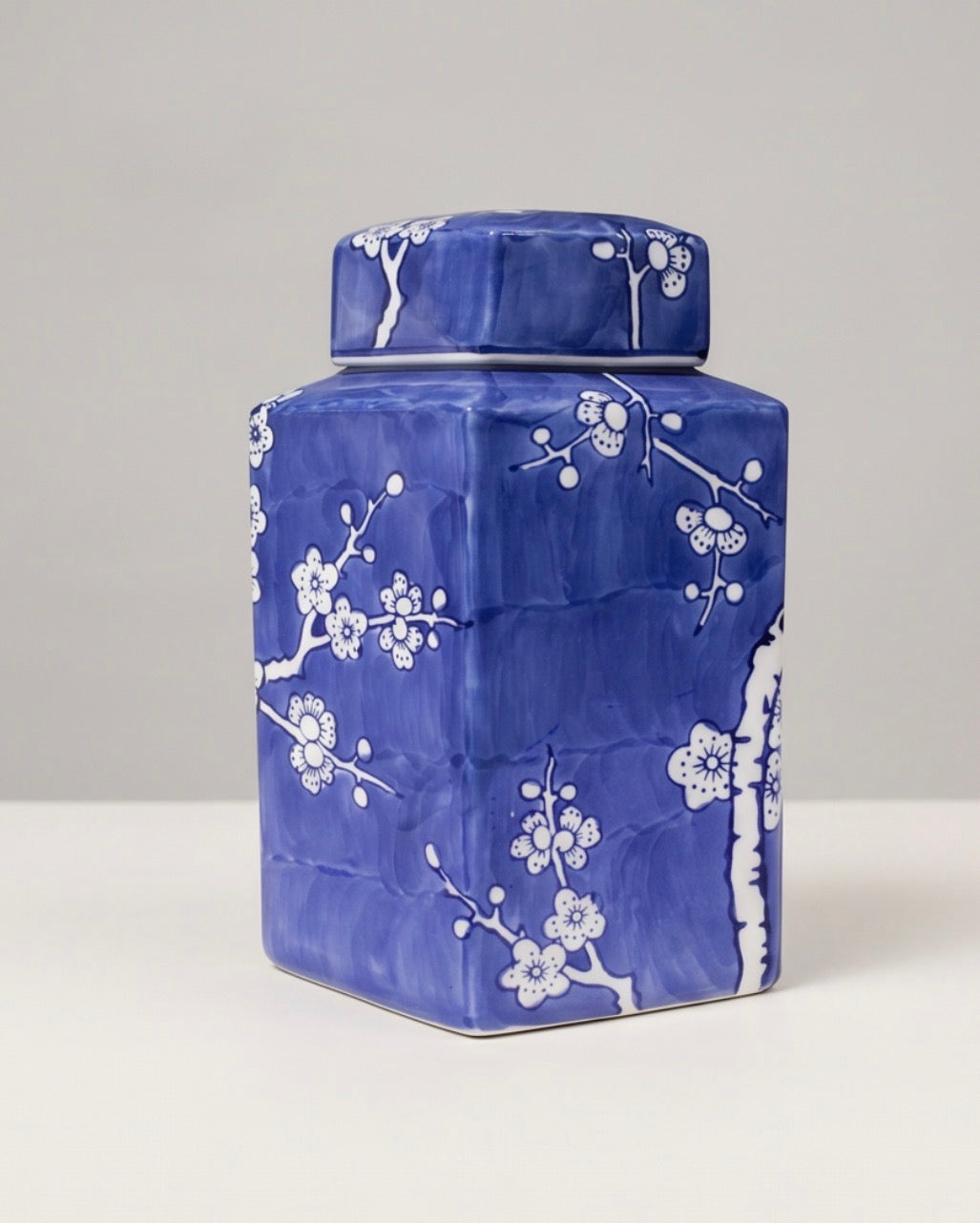 Hand Painted Porcelain Blue & White Cherry Blossom Jar