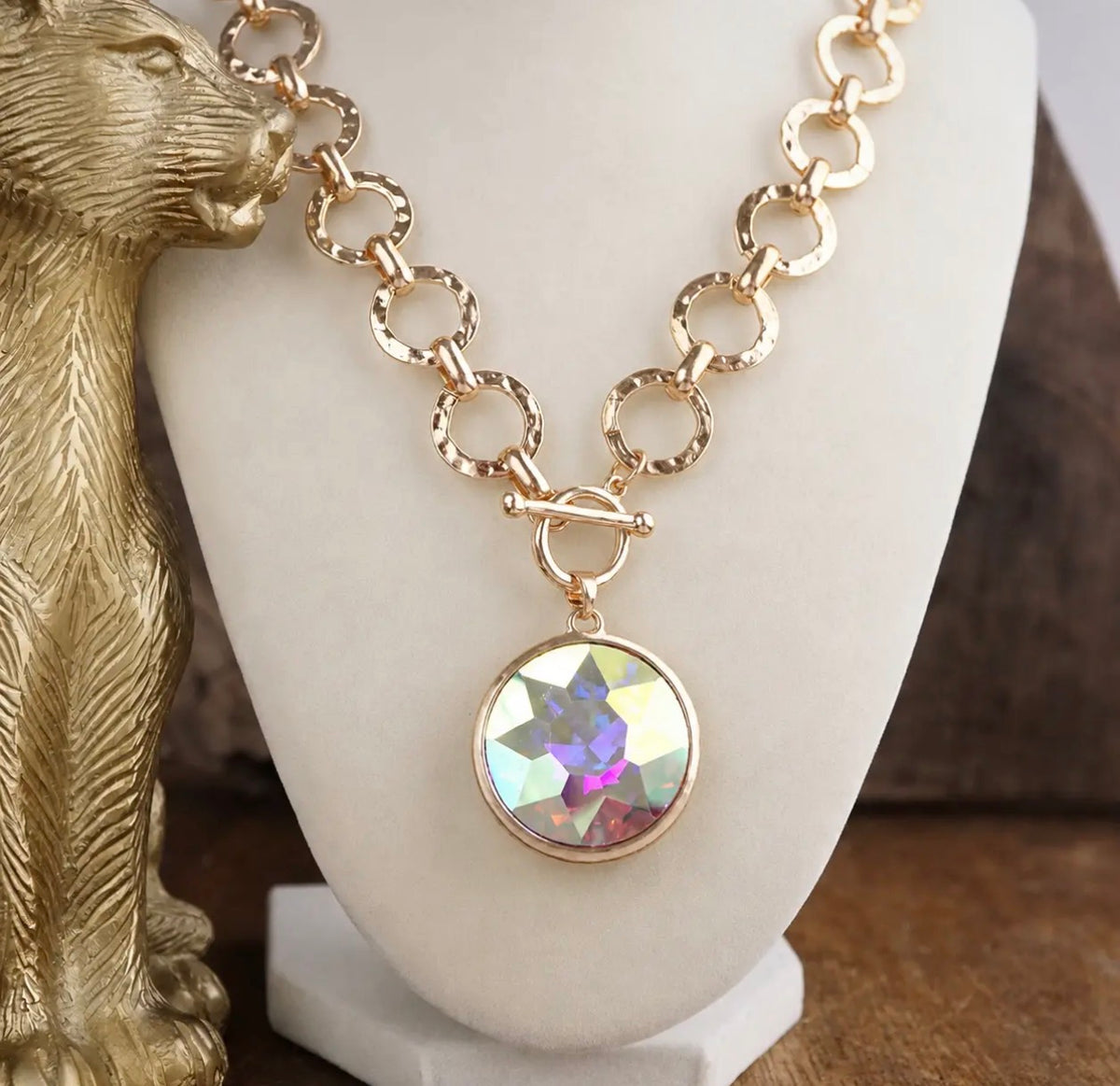 Gilded Radiance - Chunky Ring Chain Necklace with AB Rainbow Sparkly Crystal