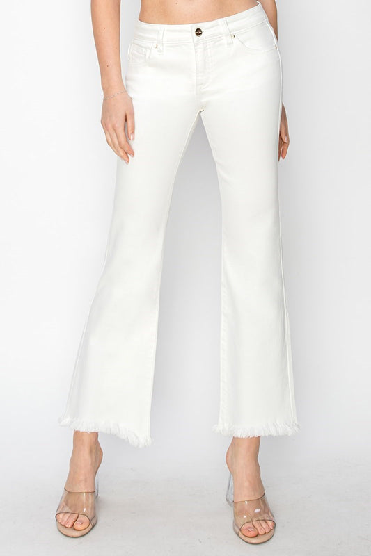Risen White Low Rise Crop Flare Step Frayed Hem Jeans - Tummy Control
