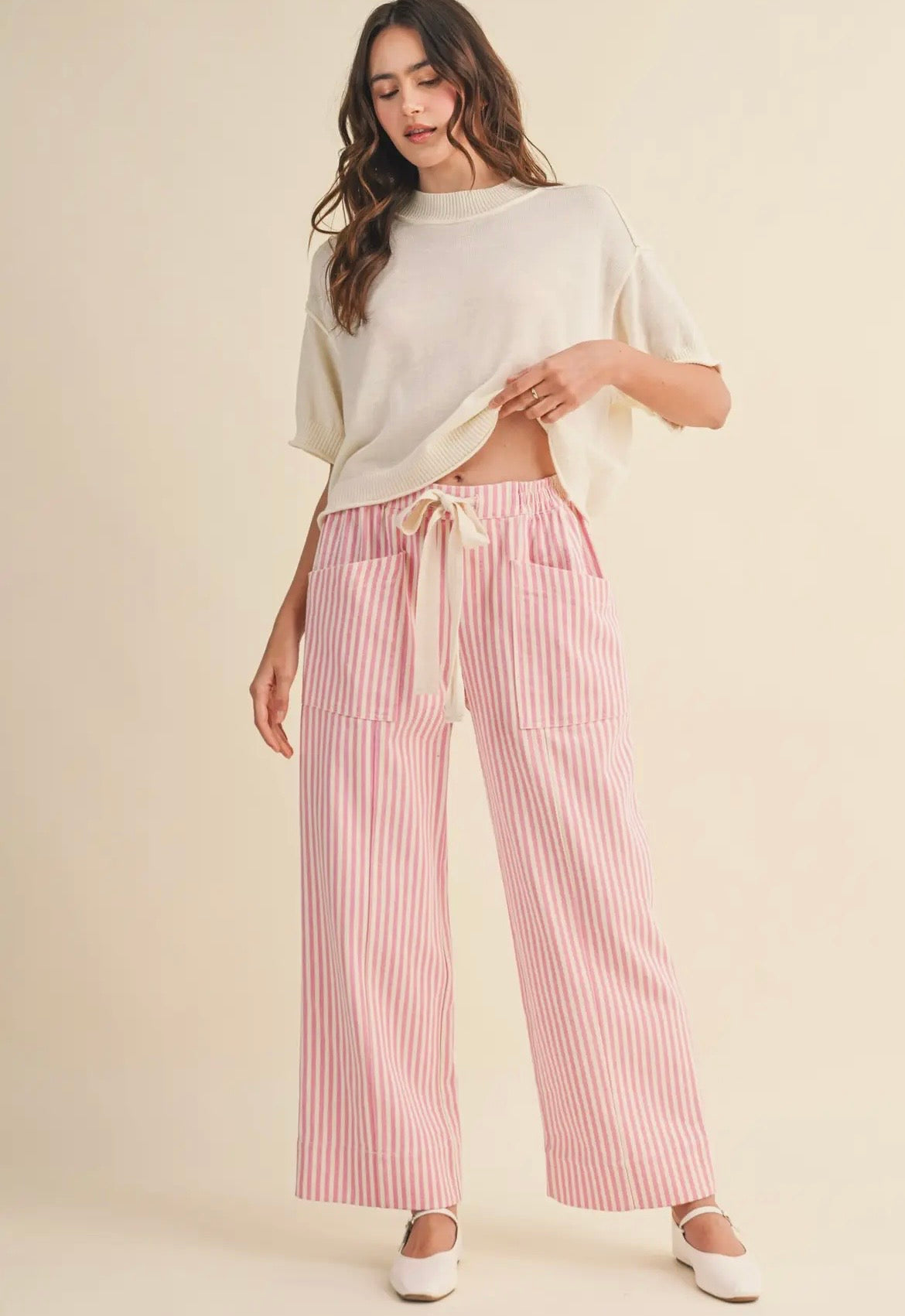 &Merci Pink Striped Denim Drawstring Pants