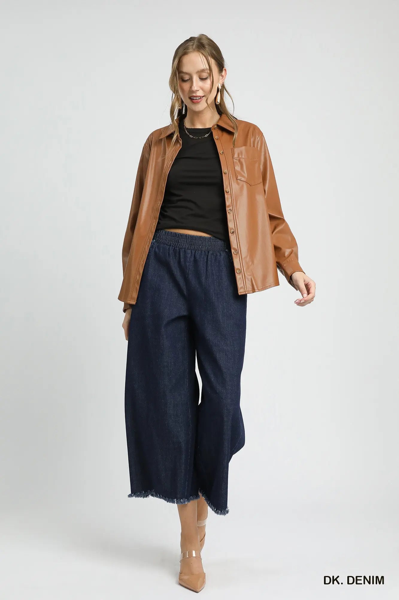 Umgee Washed Denim Pants with Fringed Hem (Misses and Plus Sizes Available)