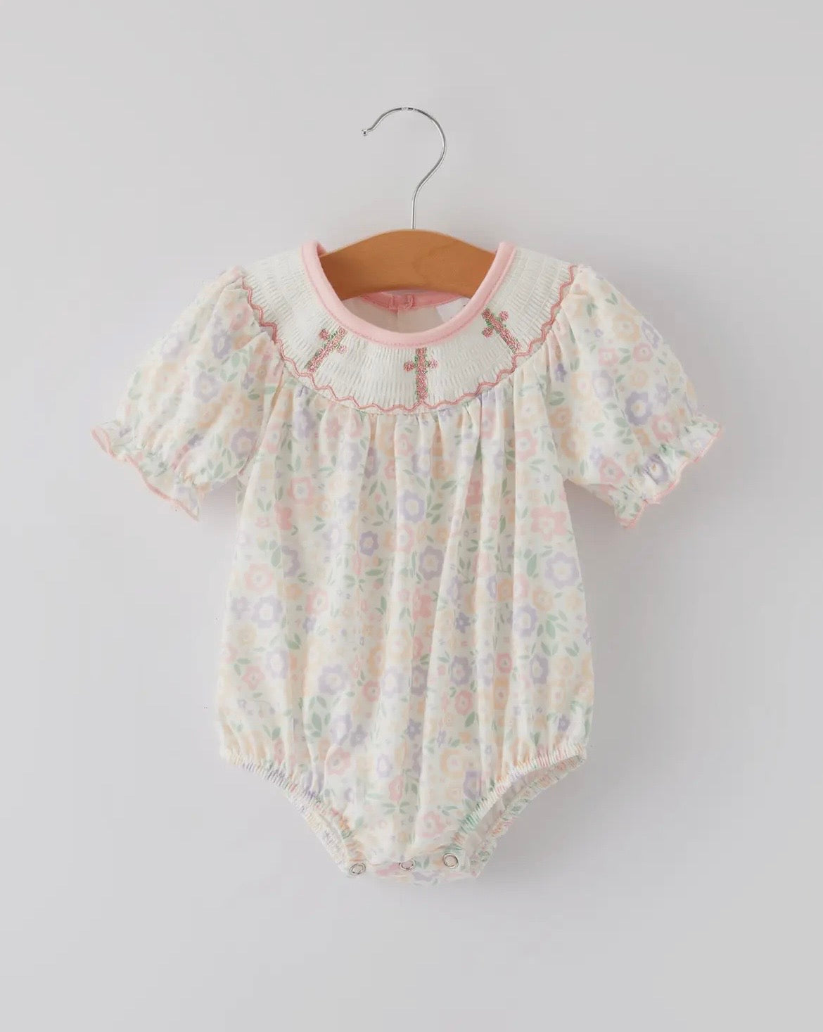 Rylee Faith Pastel Colored Cross Embroidered Romper