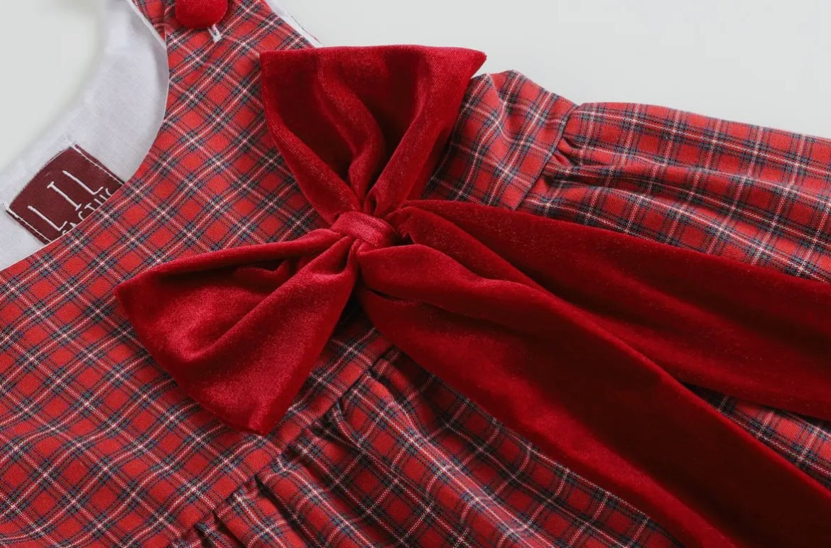 Red Plaid Santa Dress with Velvet Bow