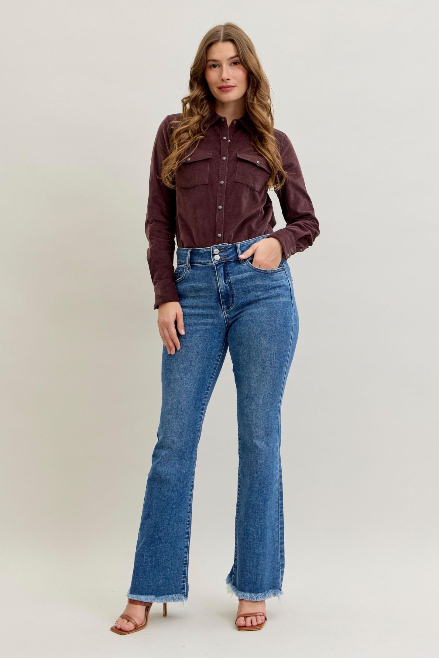 Judy Blue High Waist Bootcut Double Button WB & Frayed Hem