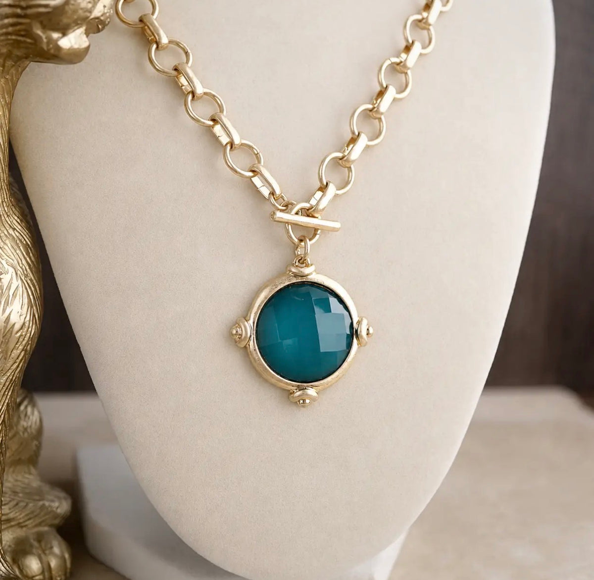 Gold Toggle Pendant Chain Necklace - Deep Teal