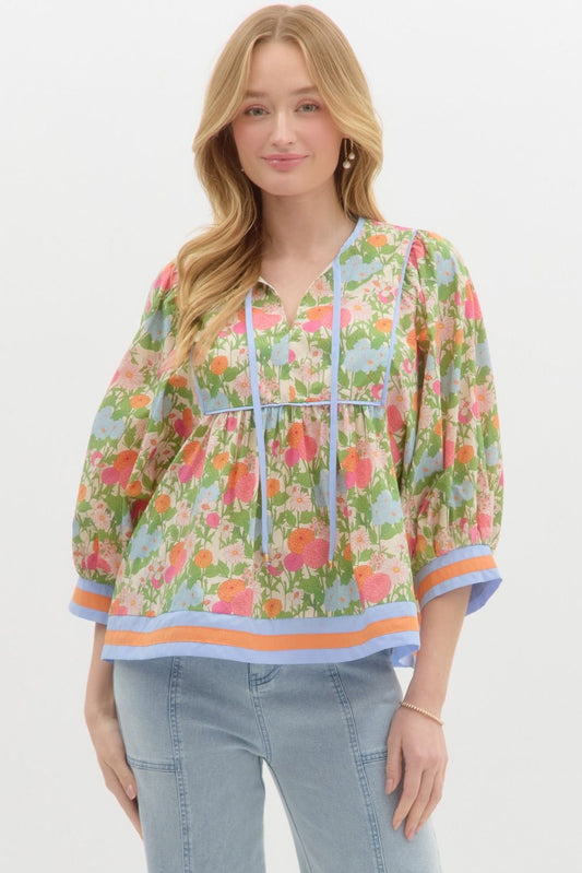 Marigold Floral Plus Size 3/4 Sleeve Top