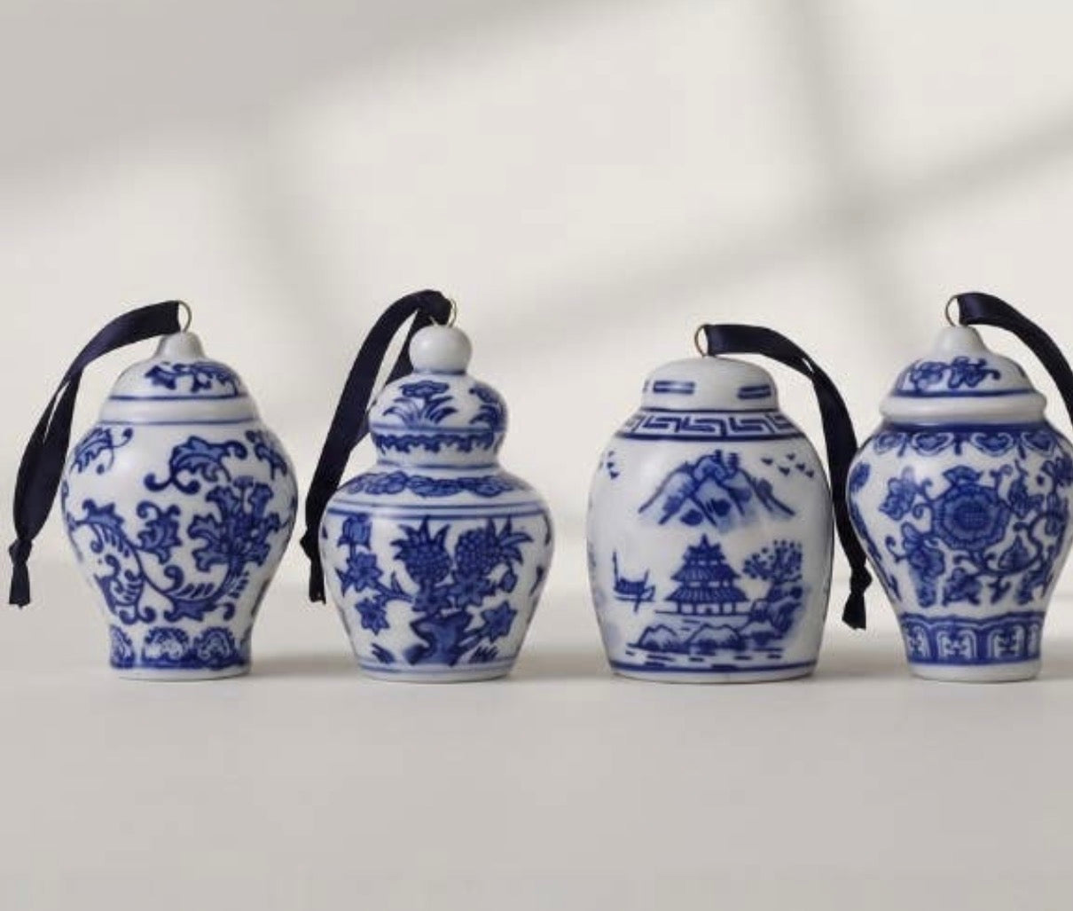 Porcelain Hand Painted Blue and White Ornaments - Set of 4