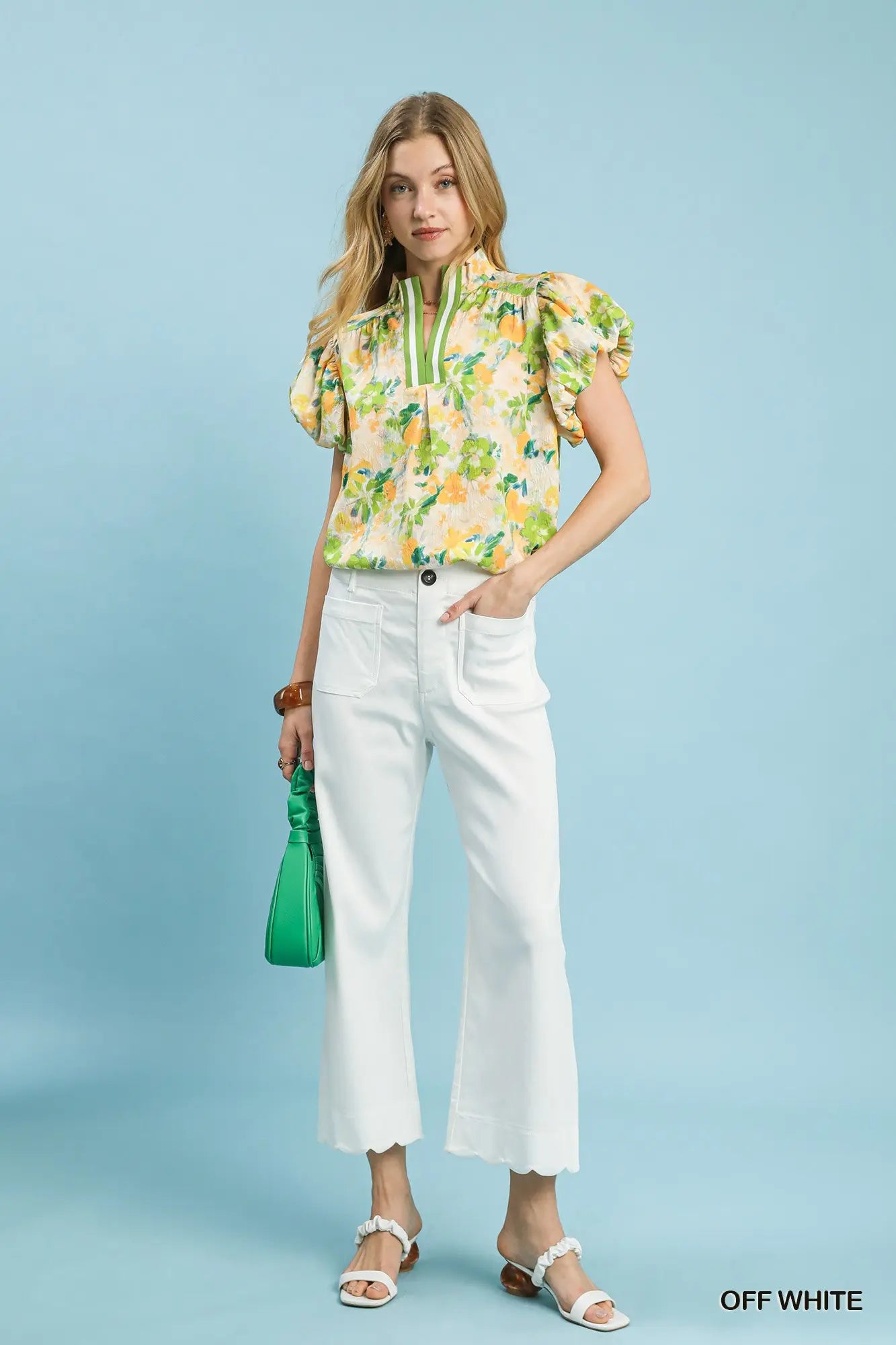 Umgee Scallop Hem Wide Leg Off White Pants