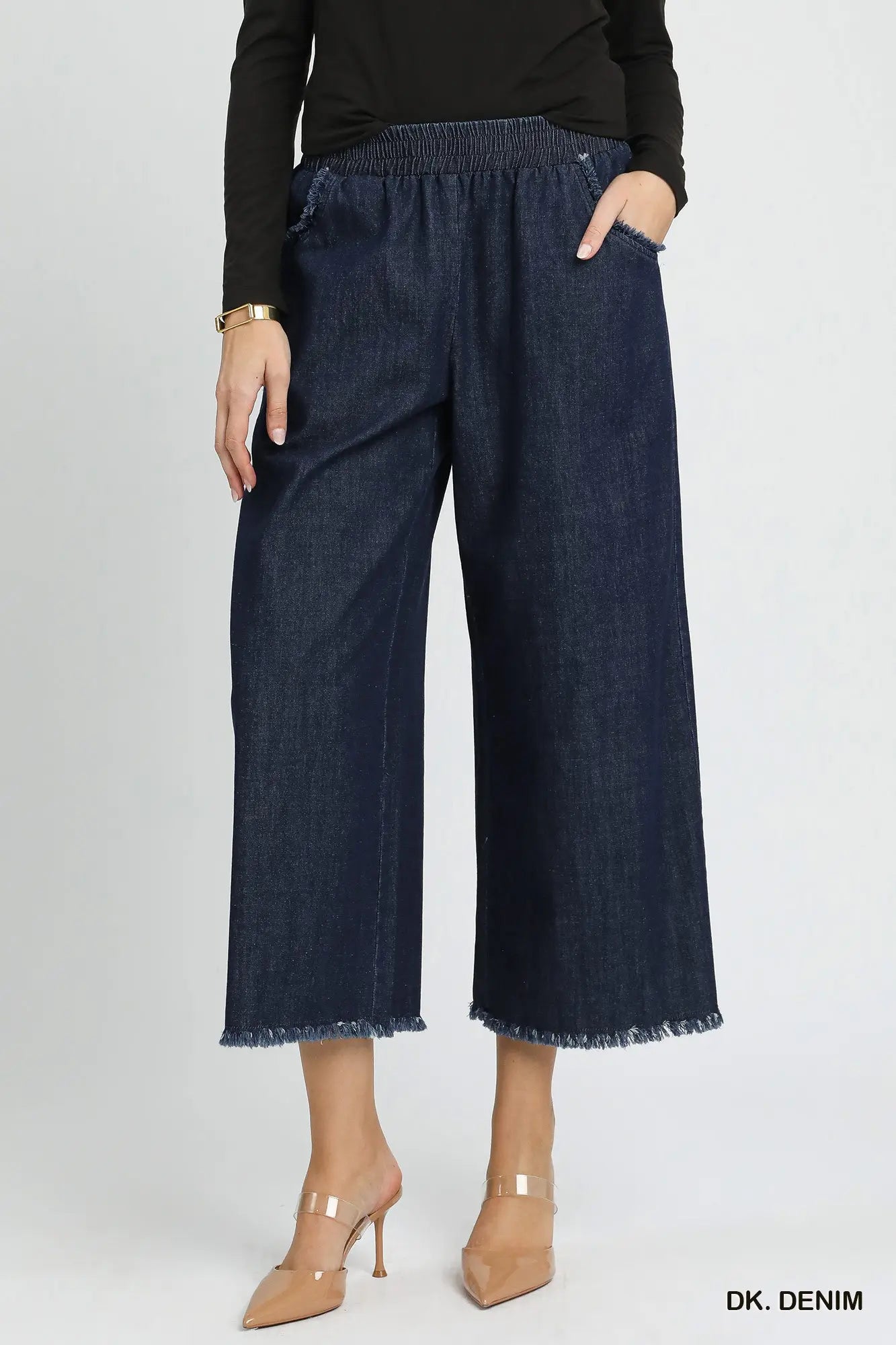 Umgee Washed Denim Pants with Fringed Hem (Misses and Plus Sizes Available)