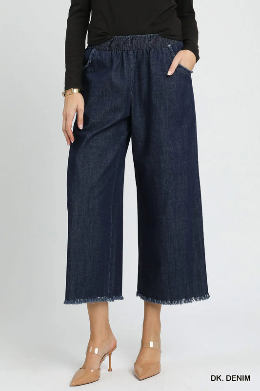 Umgee Washed Denim Pants with Fringed Hem (Misses and Plus Sizes Available)