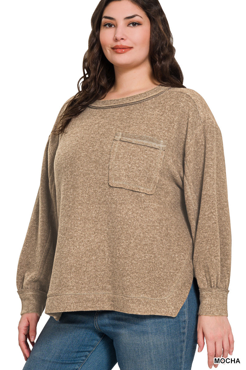 Zenana Hi-Low Brushed Hacci Round Neck Sweater