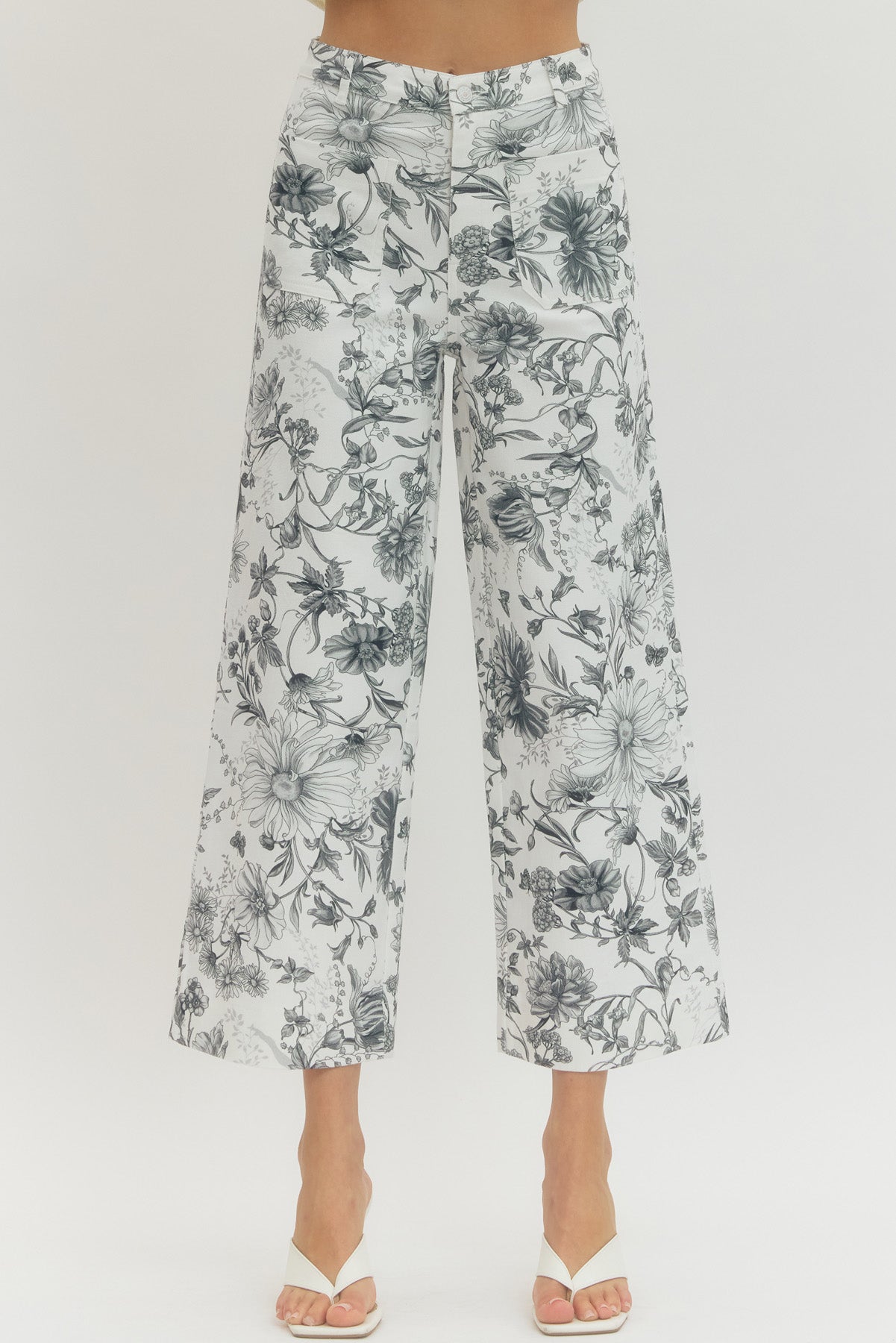 Entro Black Floral Patch Pocket Wide Leg Pants