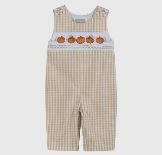Lil Cactus Light Brown Gingham Checked Pumpkin Smocked Overalls