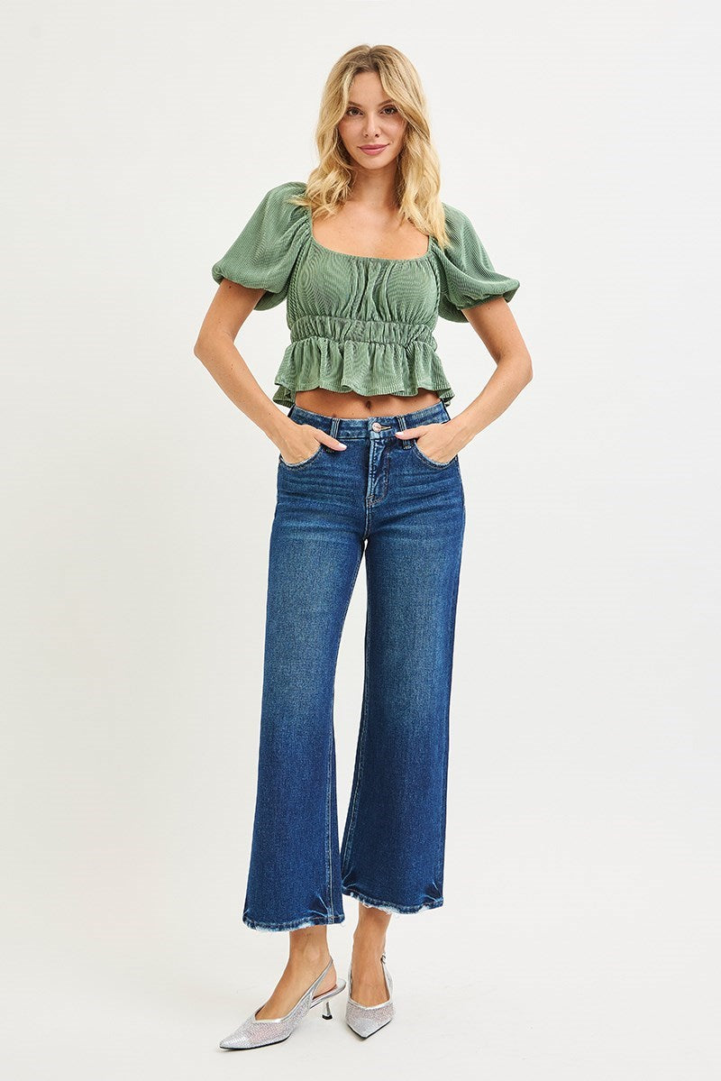 Risen Tummy Control 4 Way Stretch High Rise Crop Wide Leg Jeans (Misses and Plus Sizes)