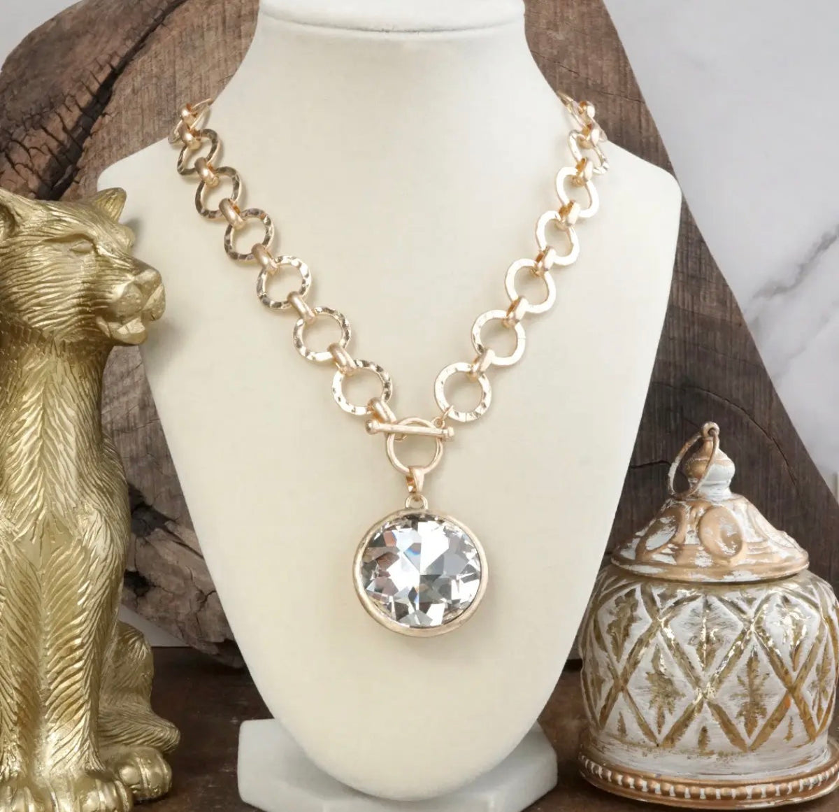 Gilded Radiance - Chunky Ring Chain Necklace with Clear Sparkly Crystal