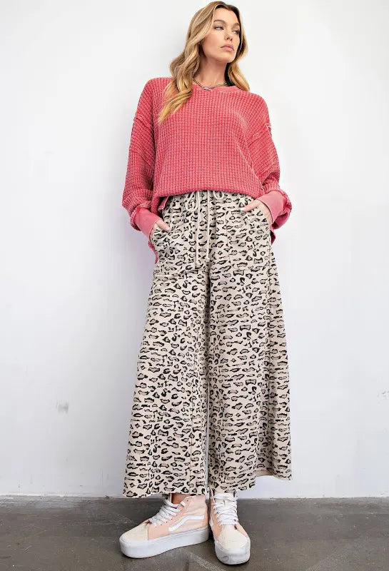 Easel Animal Print Mocha Terry Knit Pants