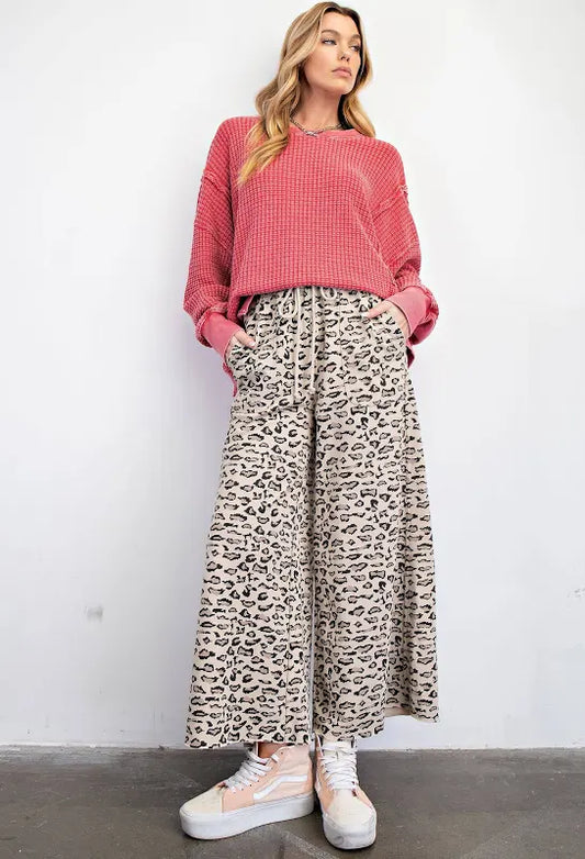 Easel Animal Print Mocha Terry Knit Pants