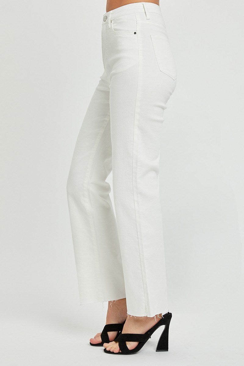 Risen White High Rise Straight Raw Hem Ankle Length with Side Slit Jeans - Tummy Control