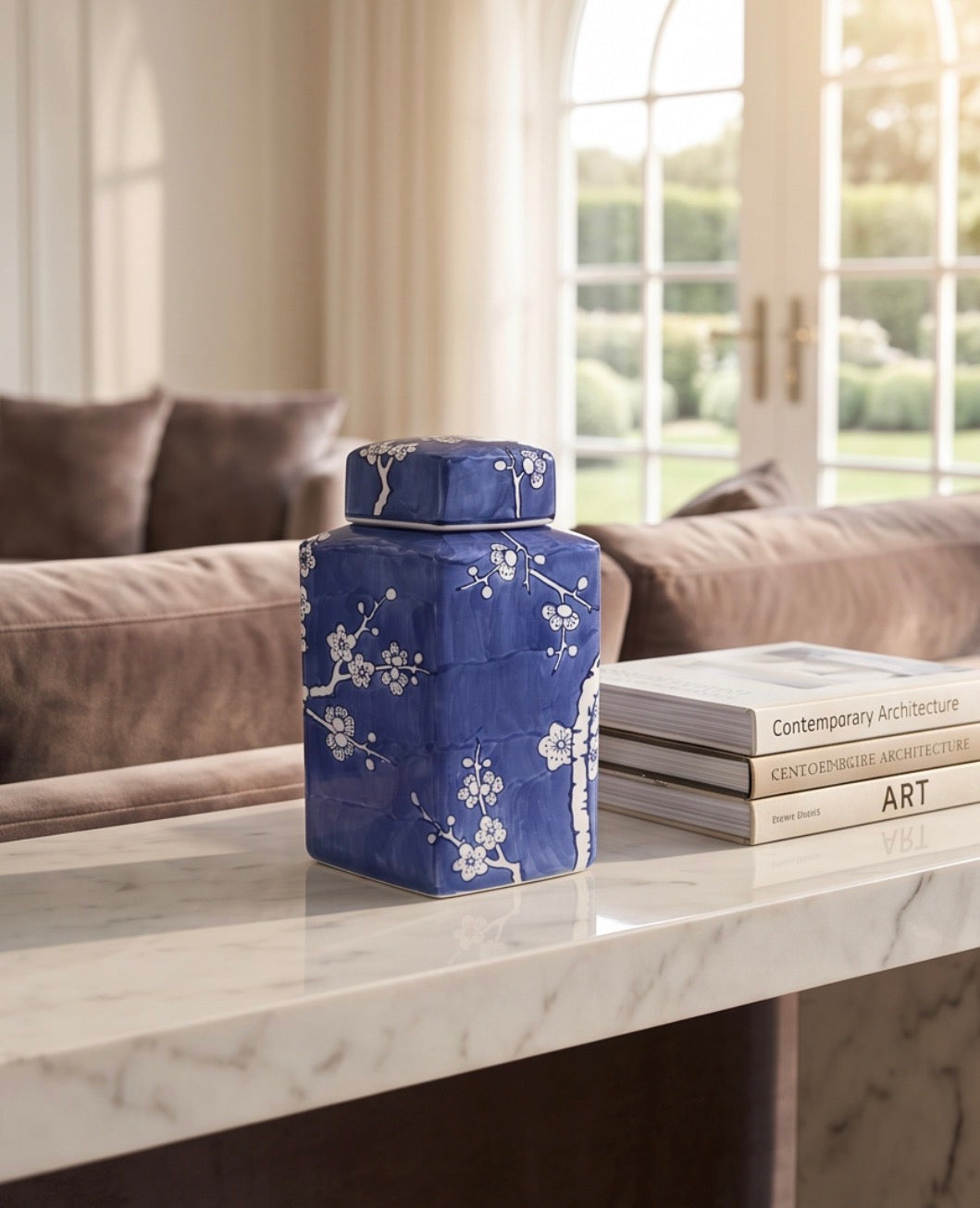 Hand Painted Porcelain Blue & White Cherry Blossom Jar