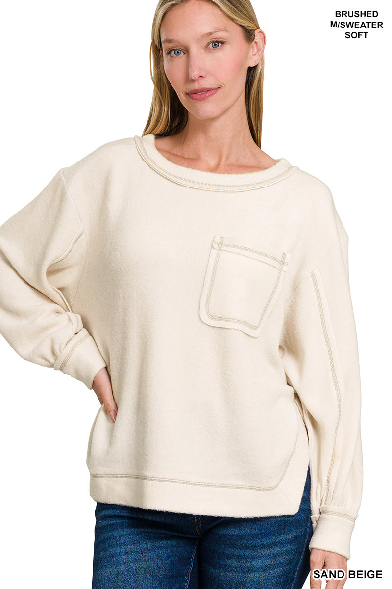 Zenana Hi-Low Brushed Hacci Round Neck Sweater