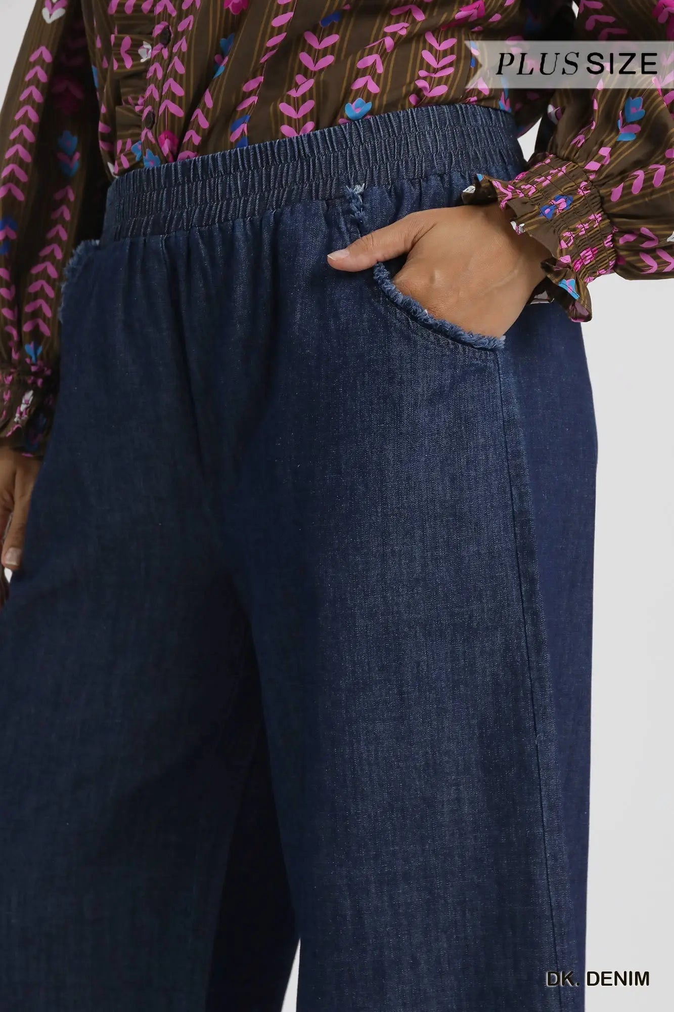 Umgee Washed Denim Pants with Fringed Hem (Misses and Plus Sizes Available)