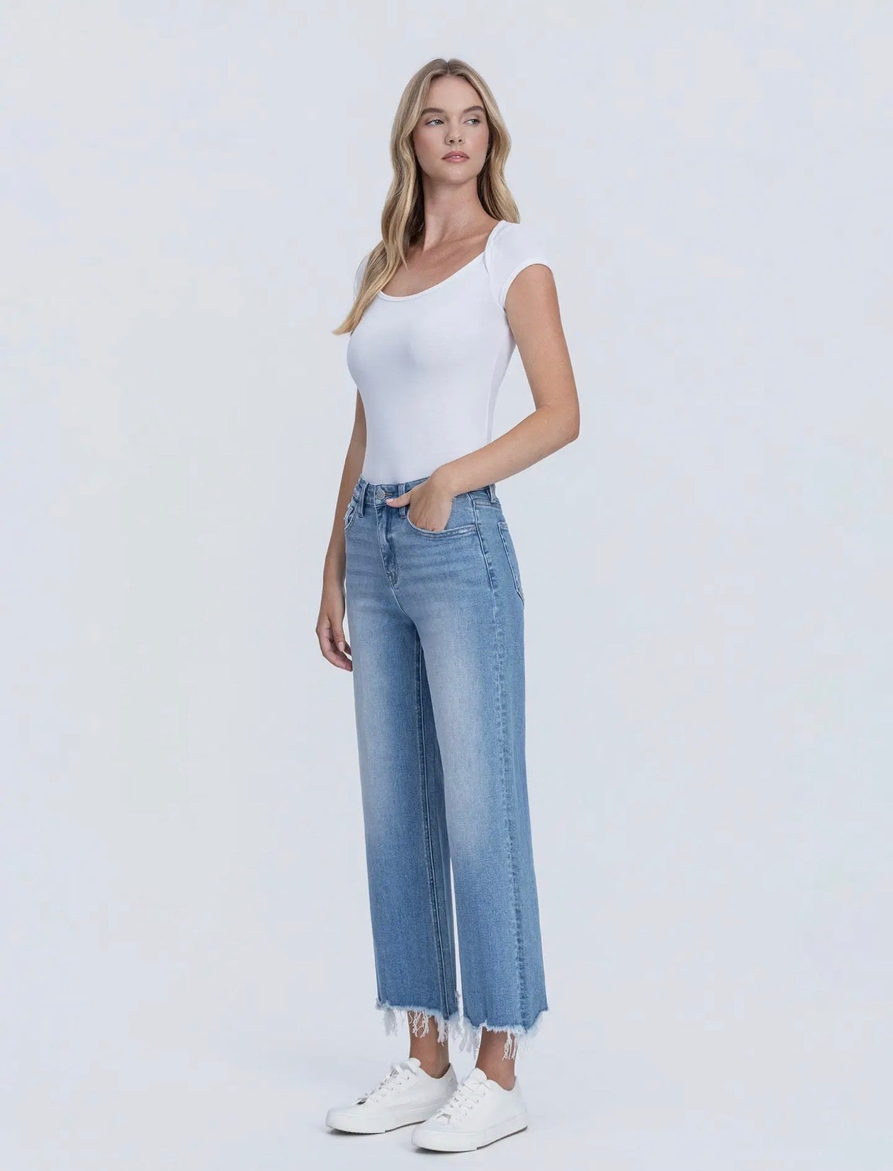 Flying Monkey High Rise Distressed Hem Crop Slim Wide Jeans