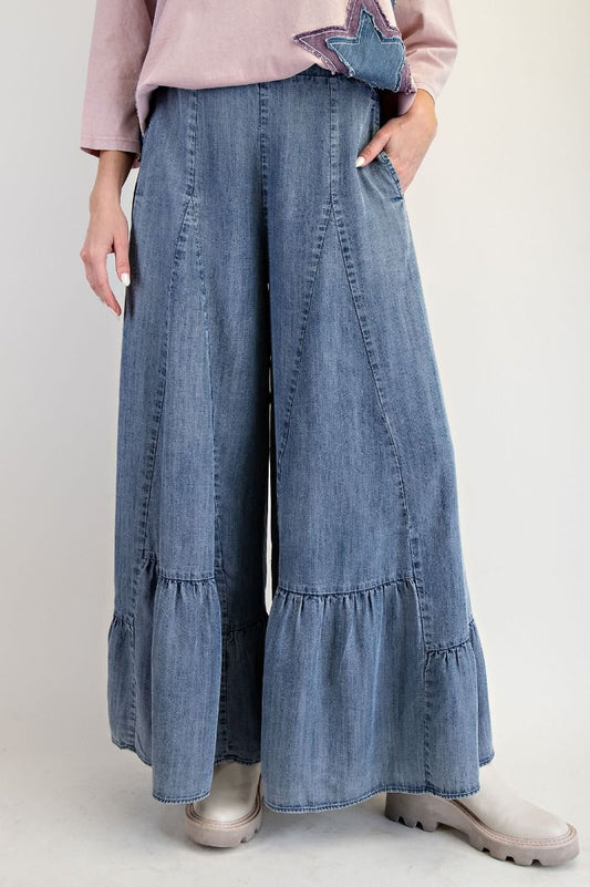 Easel Denim Ruffle Bottom Plus Size Palazzo Pants