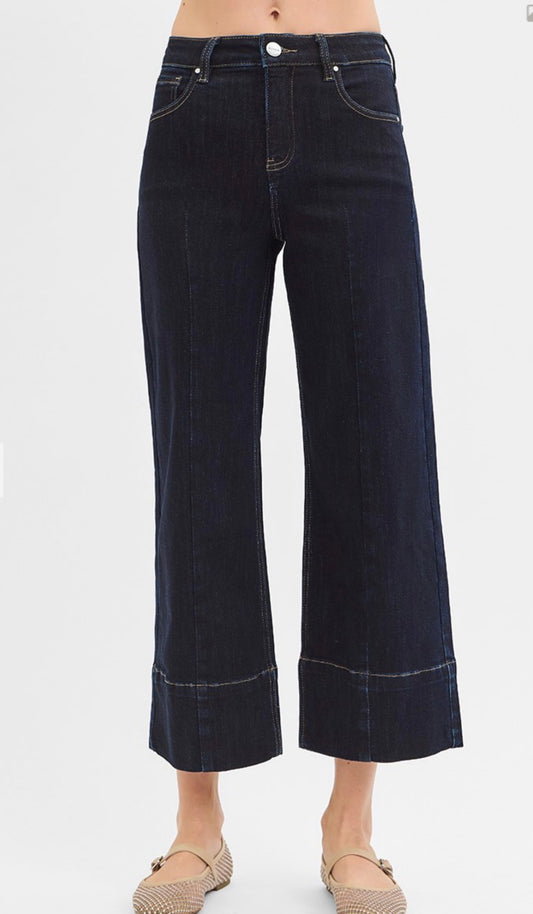 Risen Tummy Control High Rise Crop Wide Seam Detailed Jeans