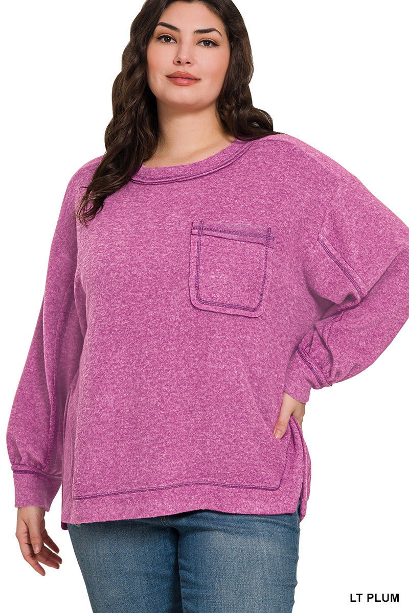 Zenana Hi-Low Brushed Hacci Round Neck Sweater
