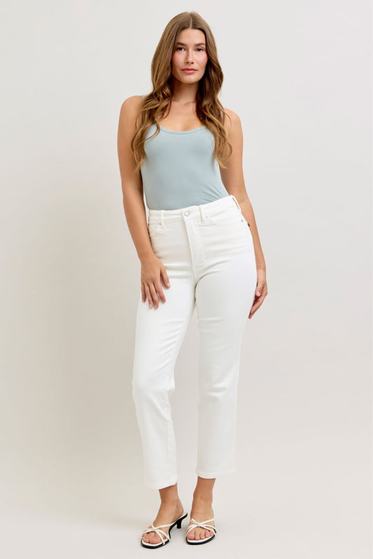 Judy Blue Tummy Control High Waist Ankle Straight White Jeans