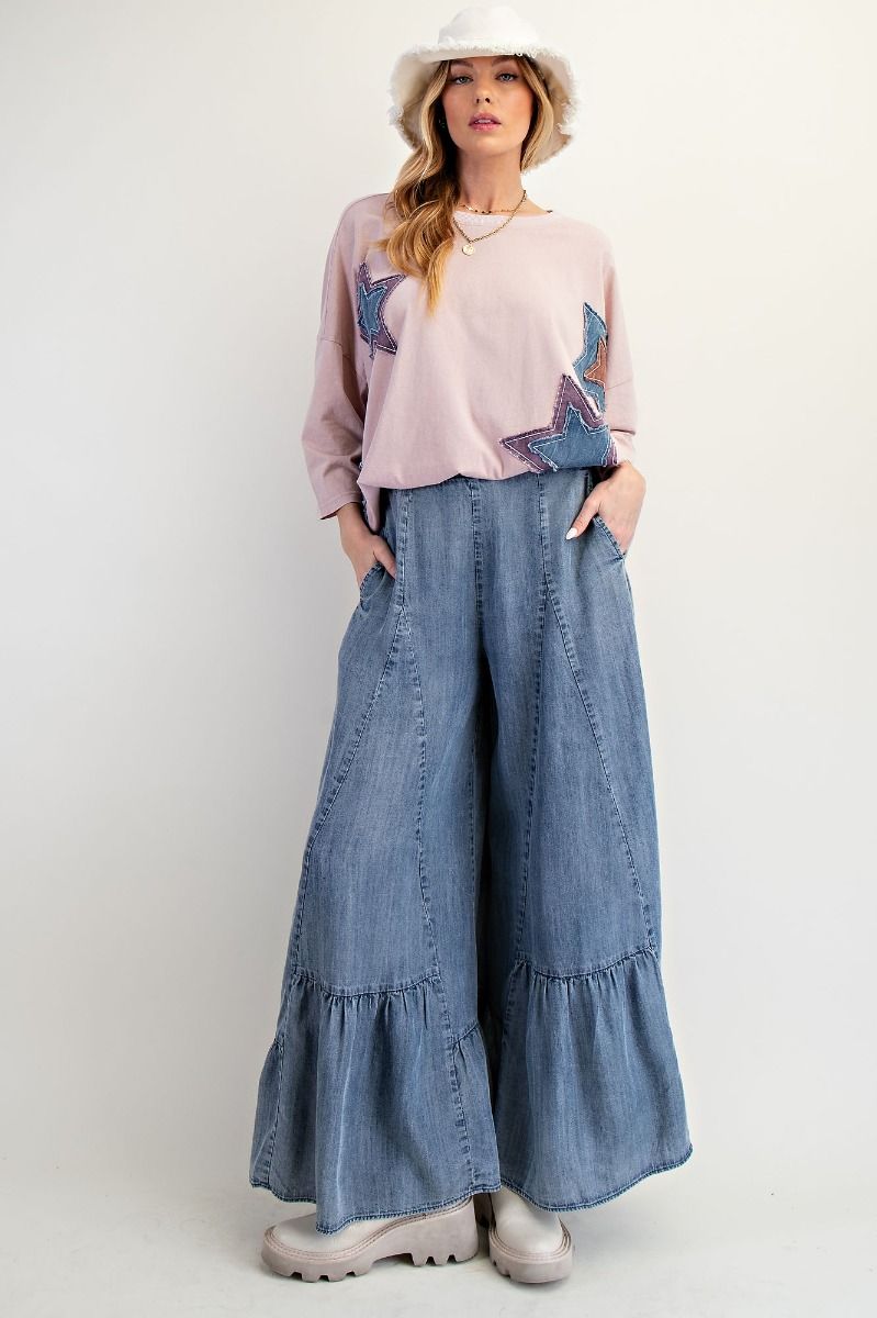 Easel Denim Ruffle Bottom Plus Size Palazzo Pants