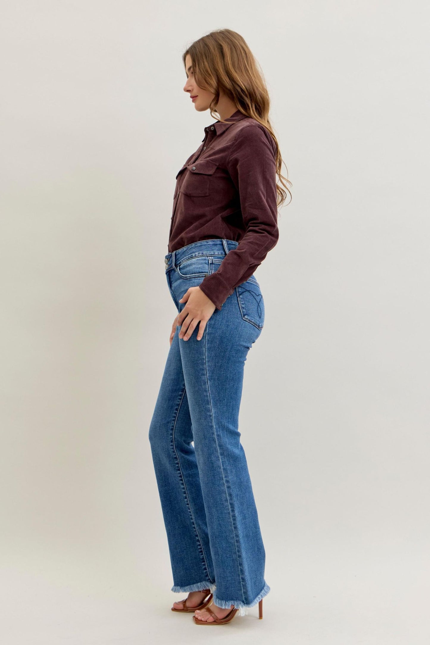 Judy Blue High Waist Bootcut Double Button WB & Frayed Hem