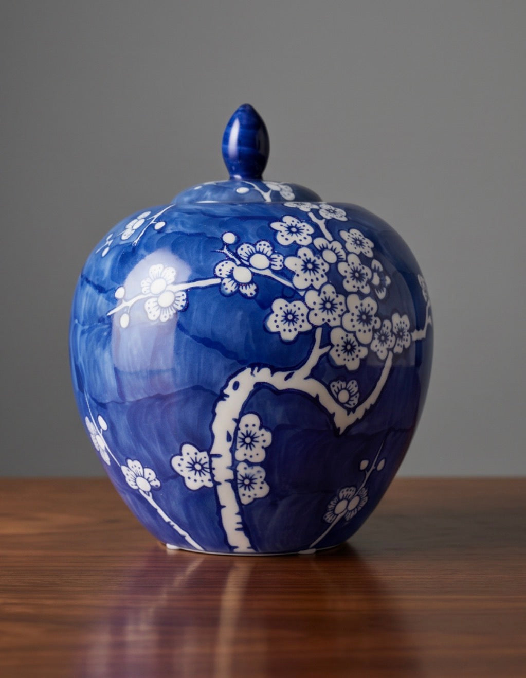 Hand Painted Porcelain Blue and White Cherry Blossom Jar