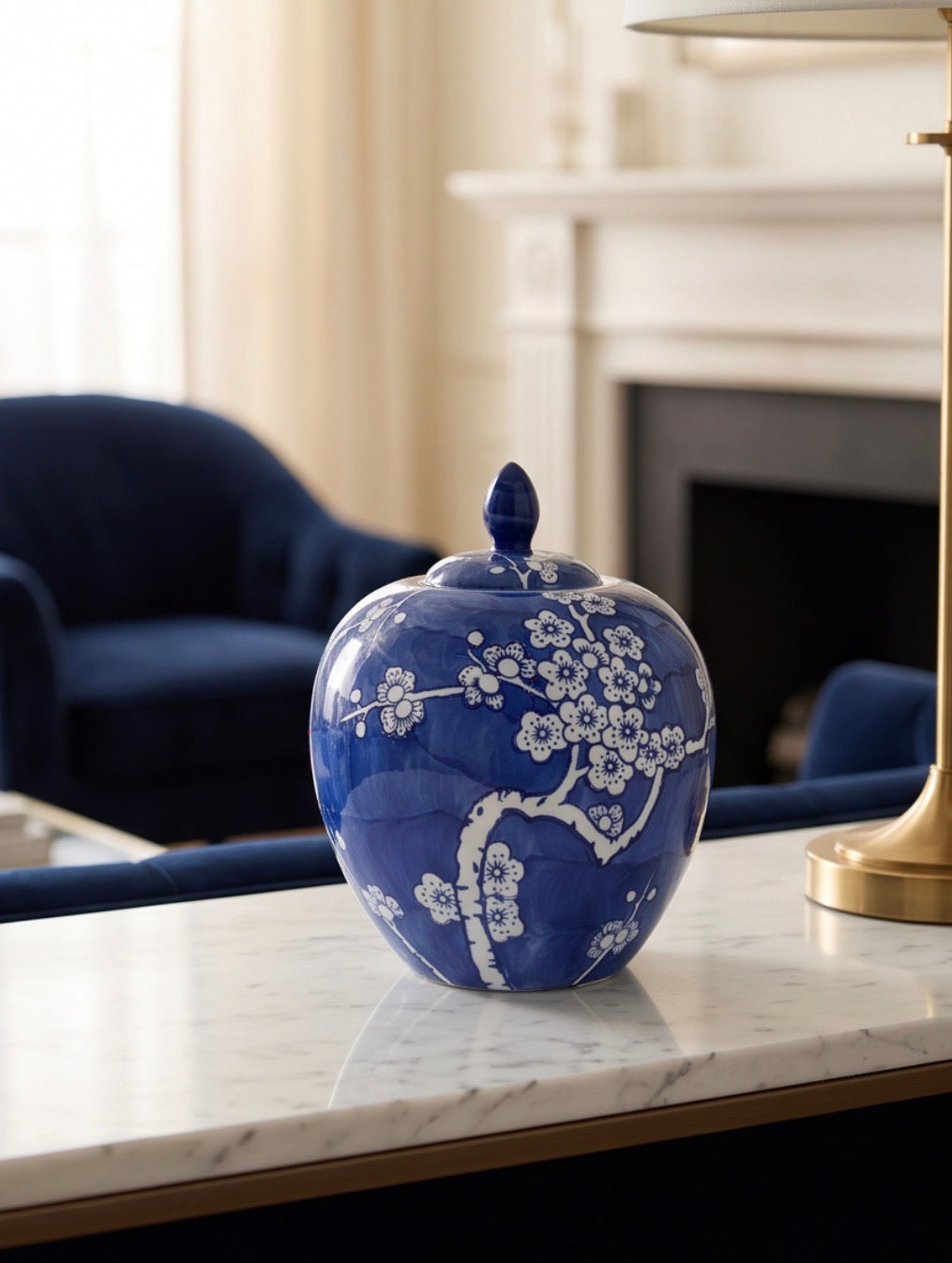 Hand Painted Porcelain Blue and White Cherry Blossom Jar