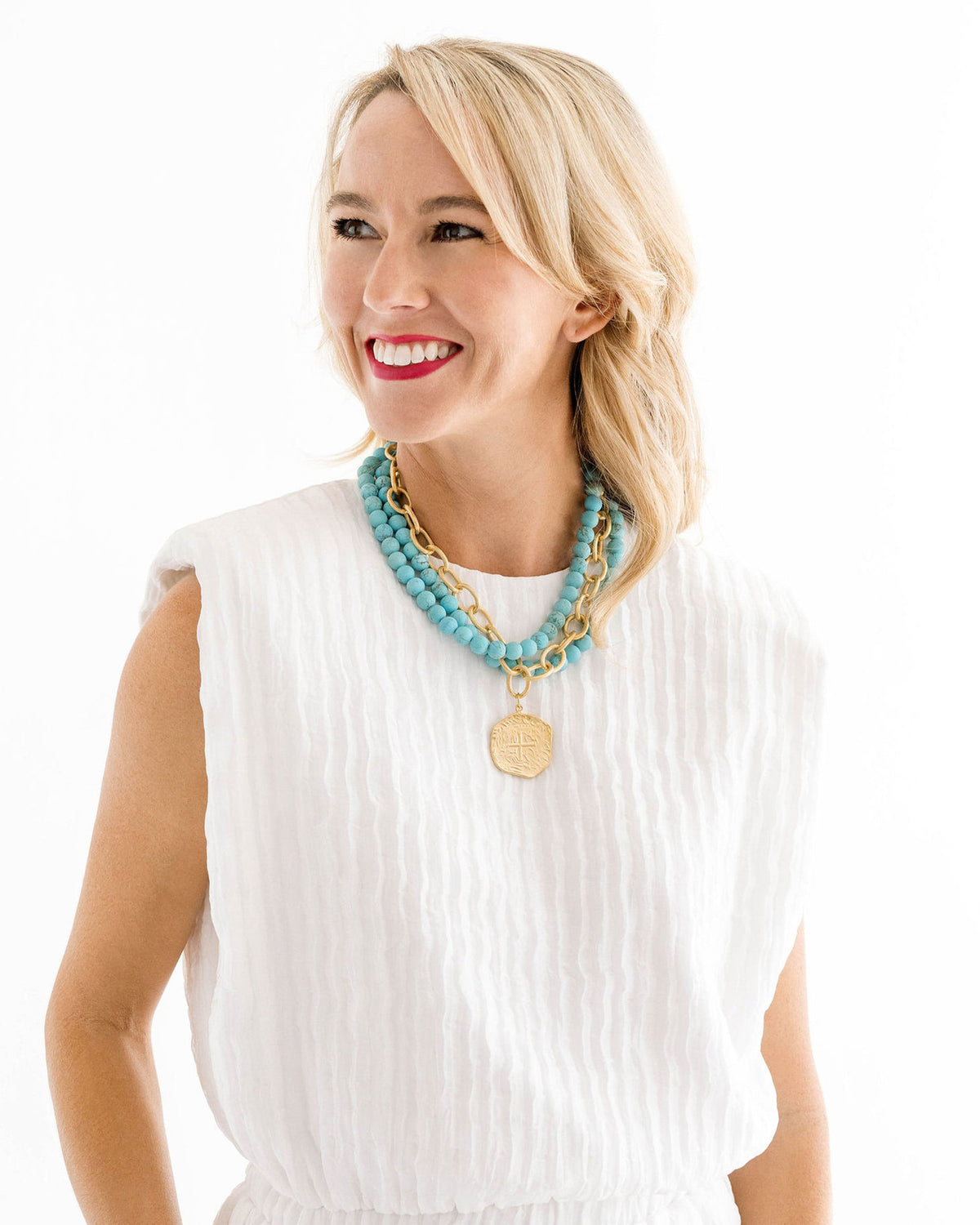 Susan Shaw Multi Strand Turquoise and Gold Coin Necklace