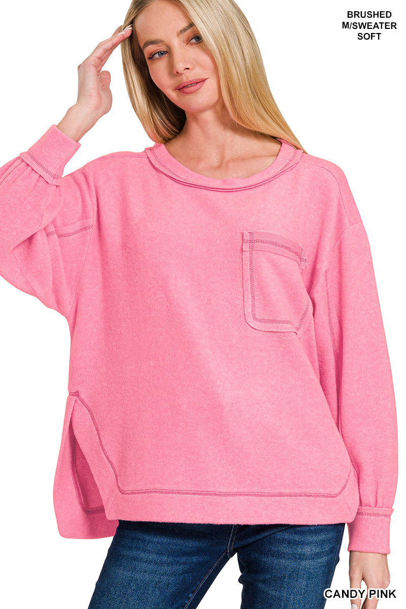 Zenana Hi-Low Brushed Hacci Round Neck Sweater