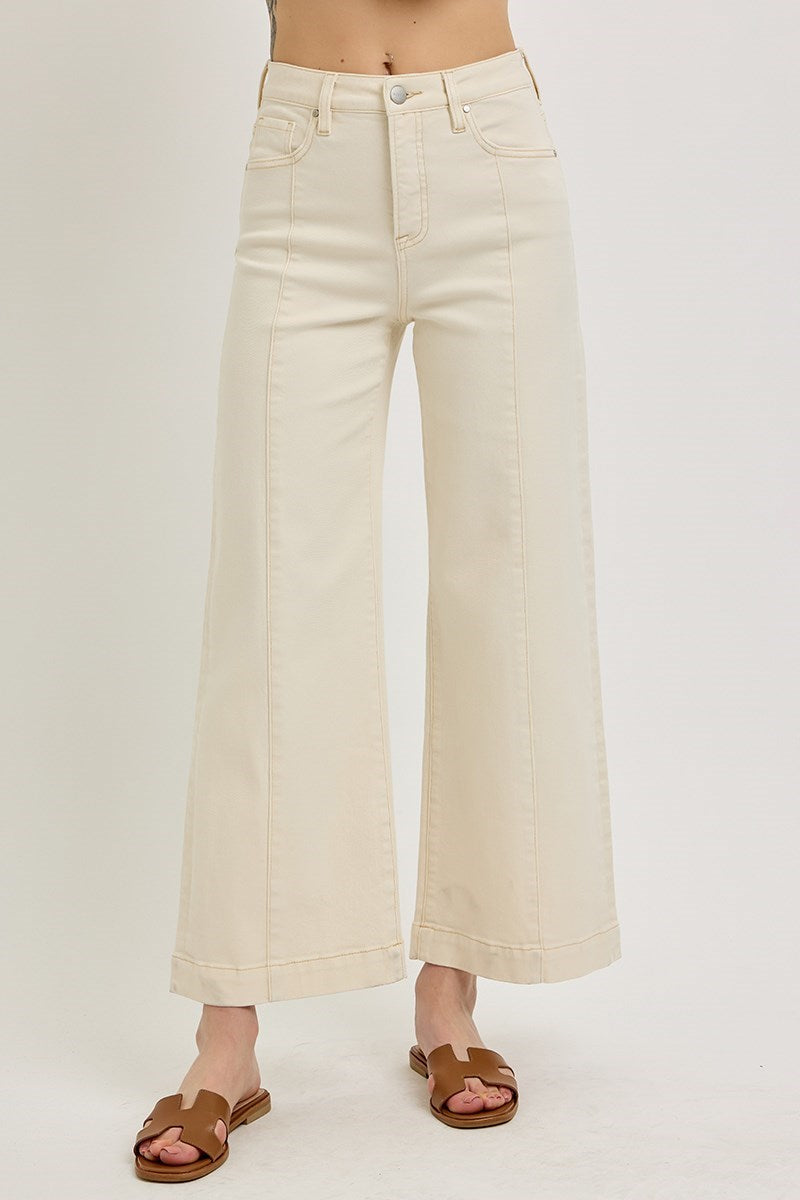 Risen Tummy Control High Rise Crop Wide Leg Ivory Jeans