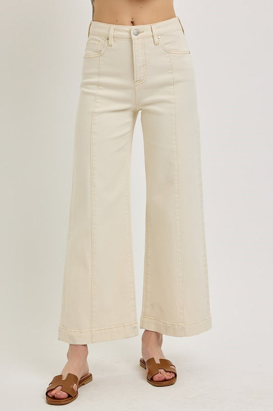 Risen Tummy Control High Rise Crop Wide Leg Ivory Jeans