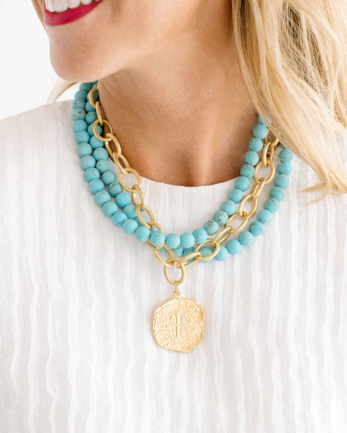 Susan Shaw Multi Strand Turquoise and Gold Coin Necklace
